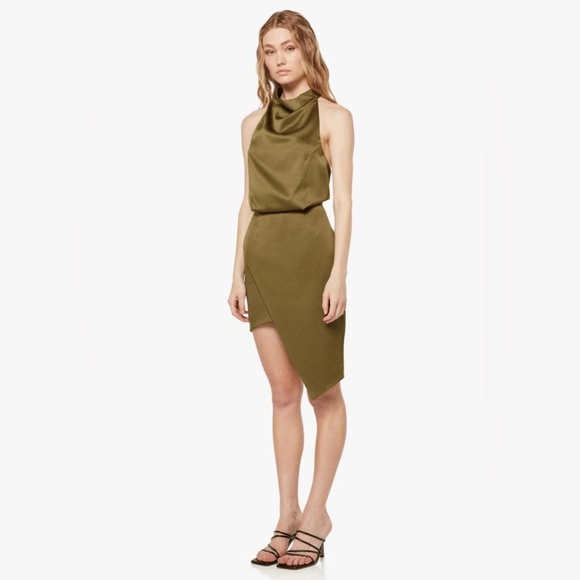 Elliatt Camo Asymmetric Satin Halter Dress in Khaki Green - Picture 1 of 15